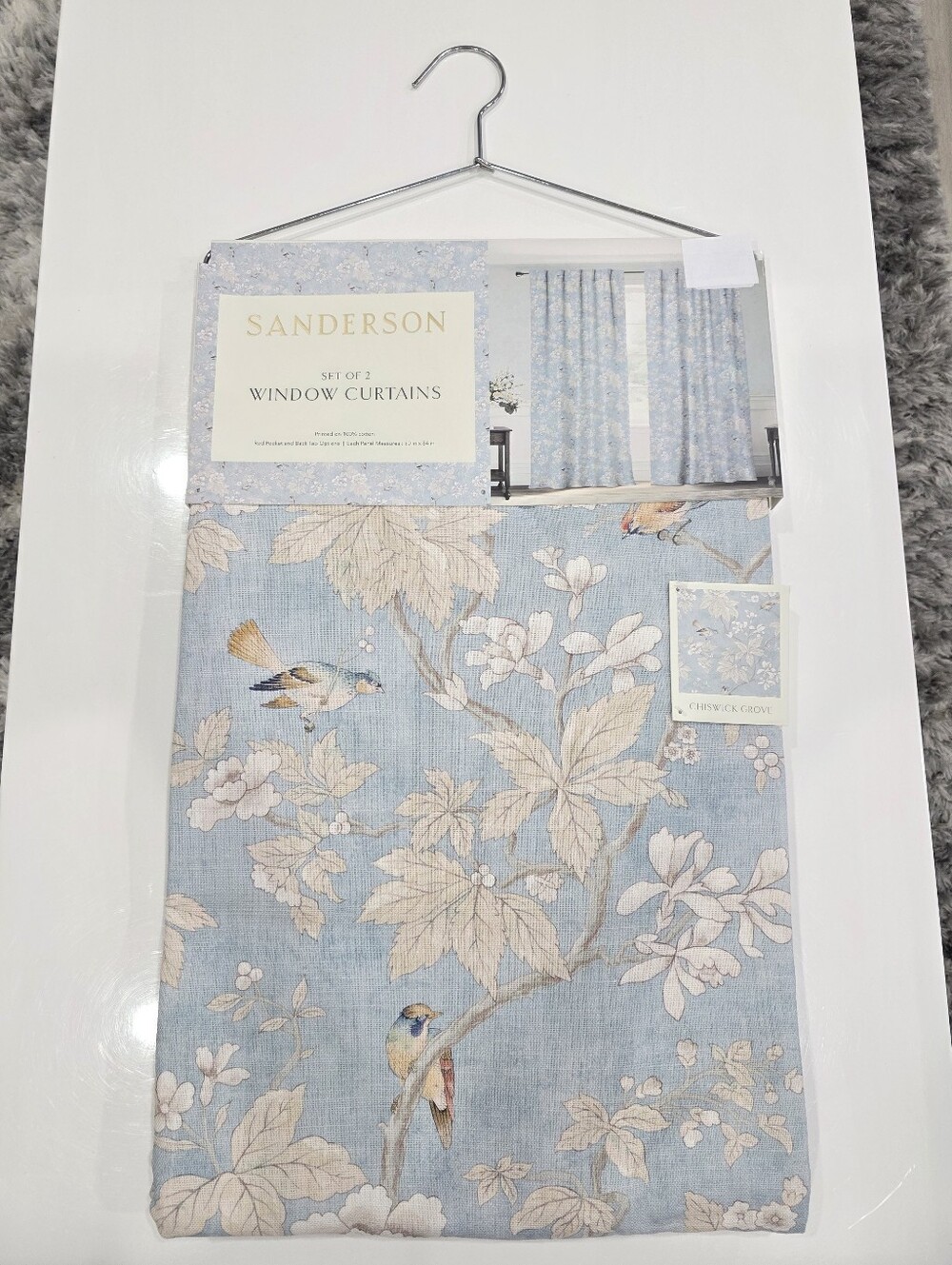 Sanderson Blue Bird Toile Chiswick Grove Curtain Panels Set of 2 New